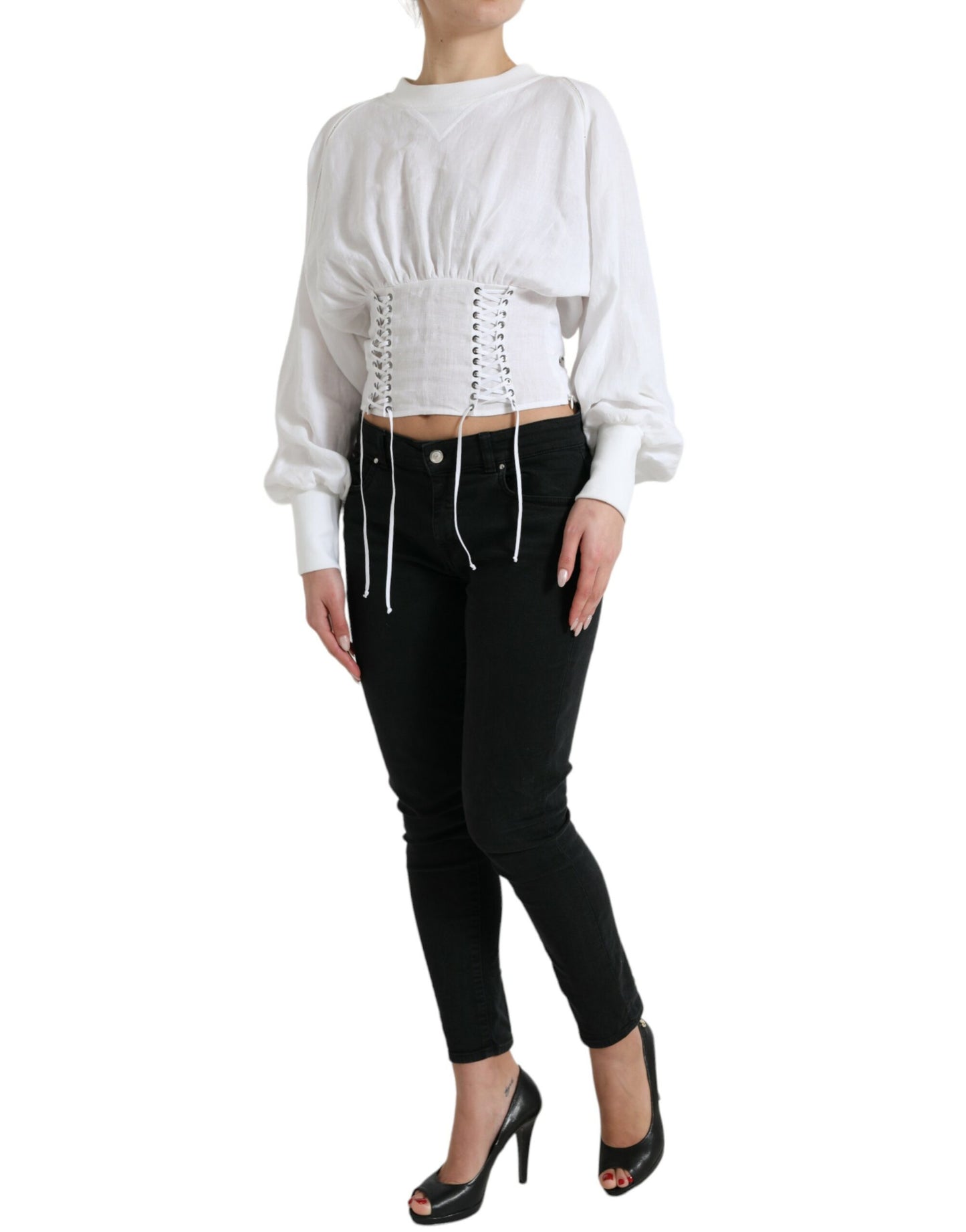 Wit katoenen korset cropped top met lange mouwen