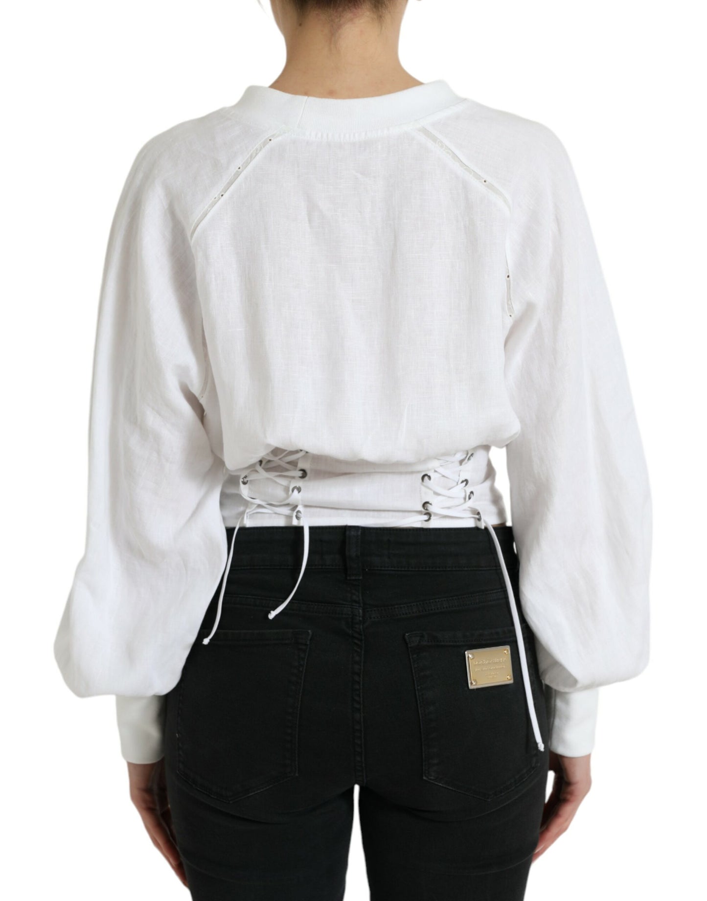 Wit katoenen korset cropped top met lange mouwen