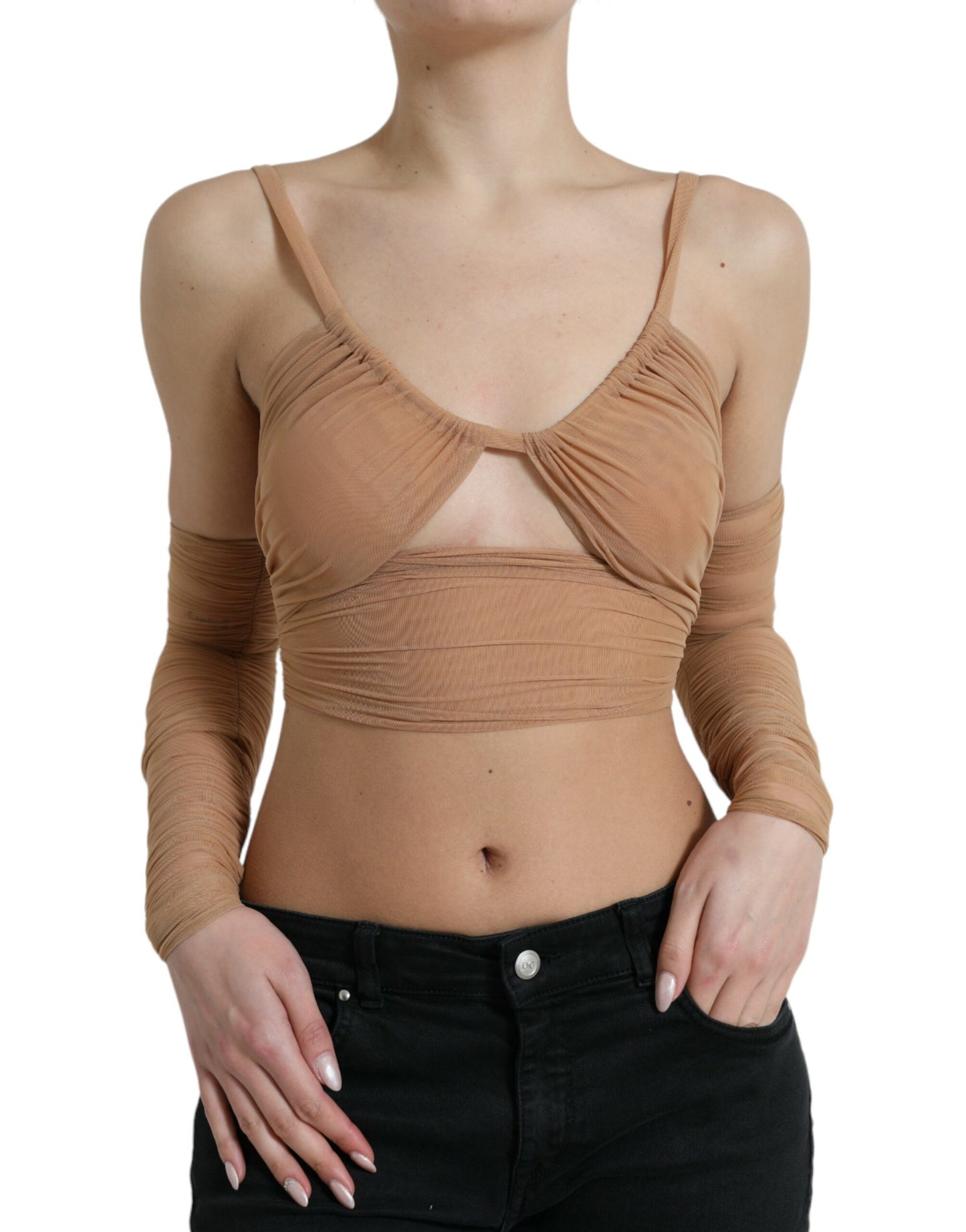 Bruine nylon stretch cropped top met open schouder