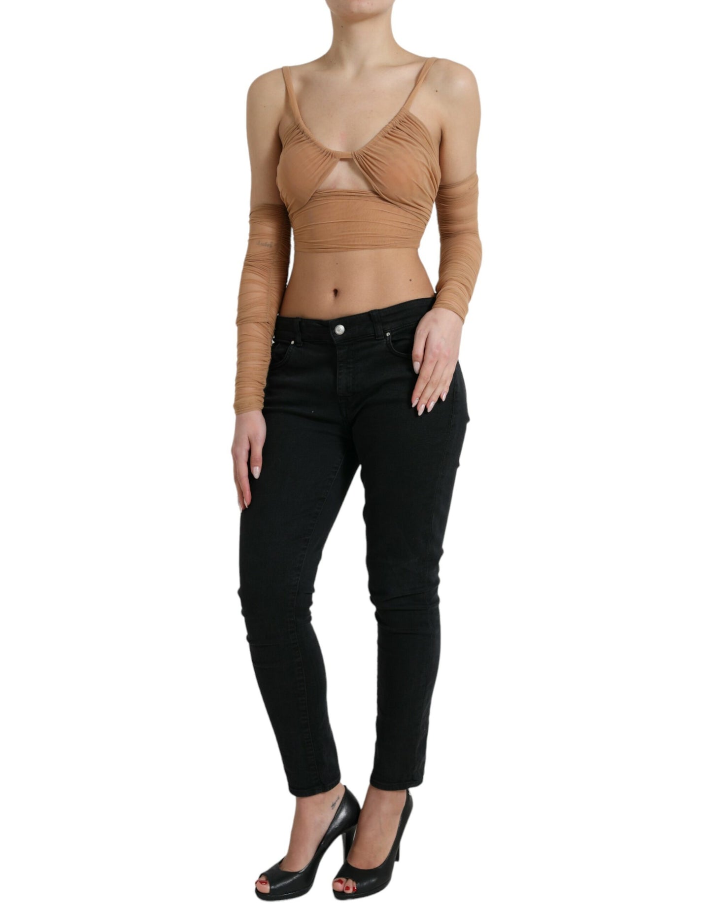 Bruine nylon stretch cropped top met open schouder