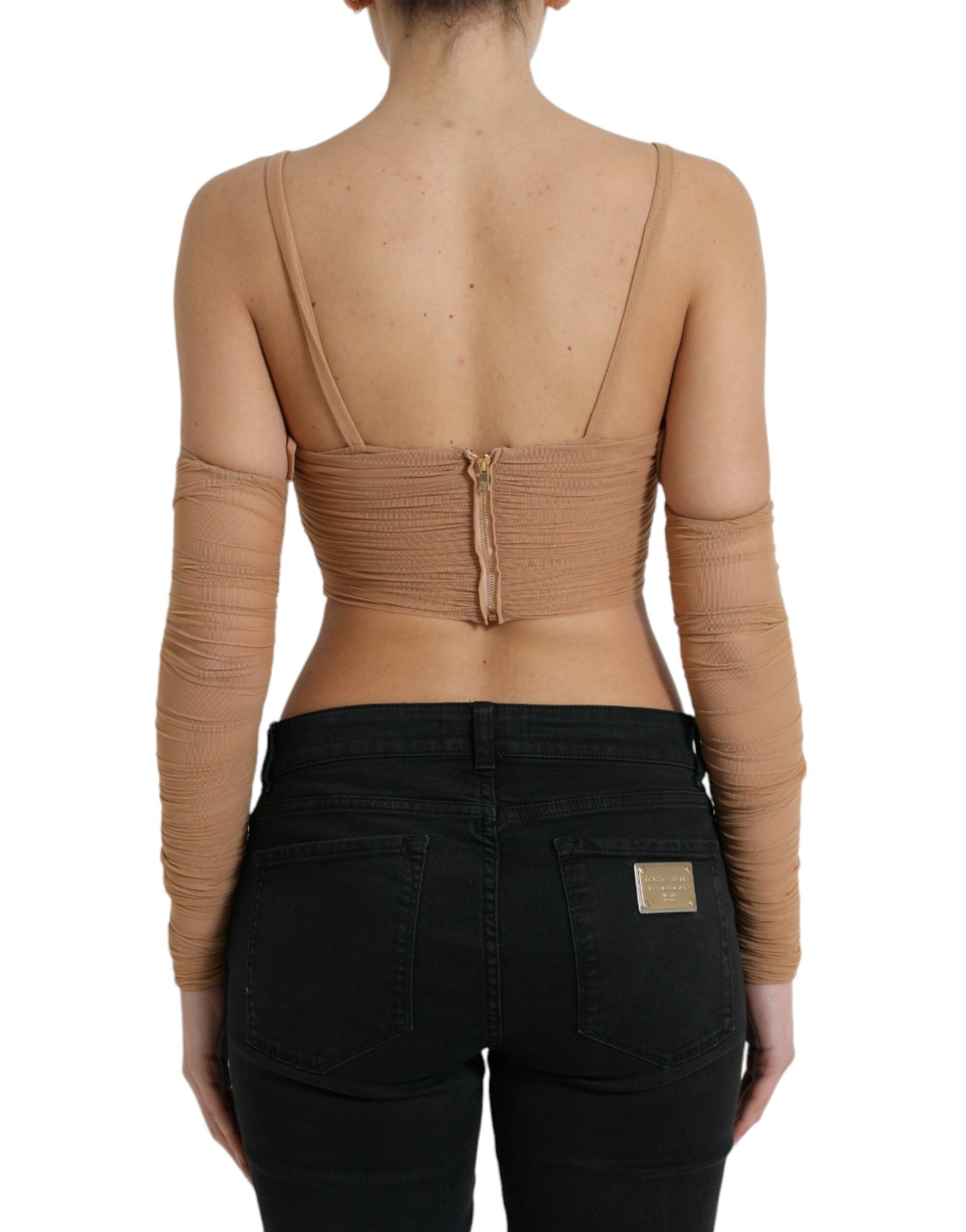 Bruine nylon stretch cropped top met open schouder