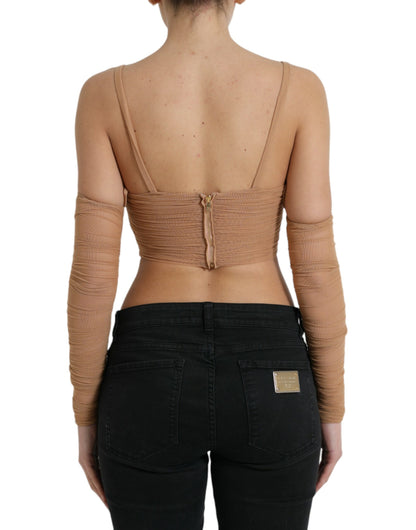 Bruine nylon stretch cropped top met open schouder