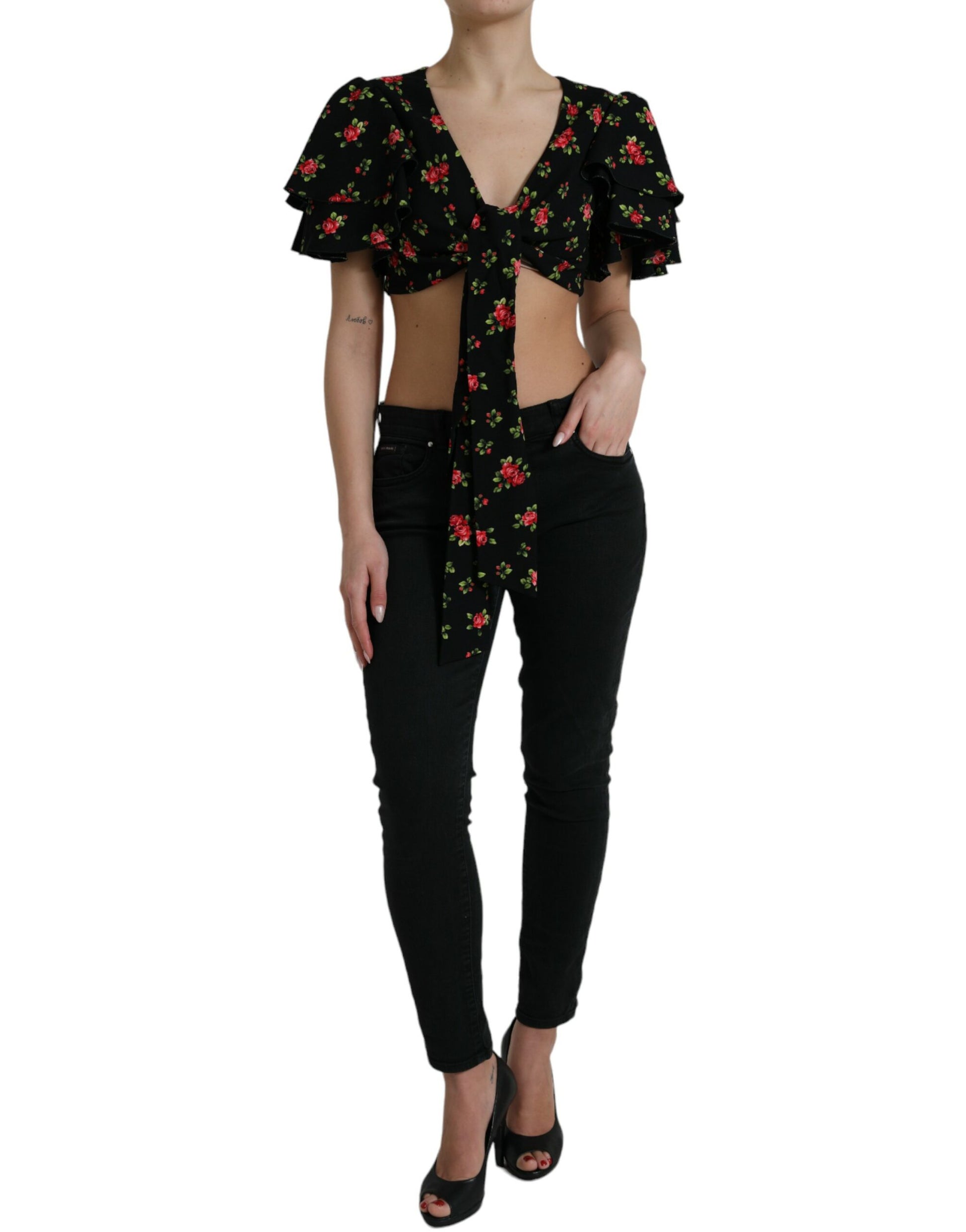 Zwarte cropped top met korte mouwen en bloemenprint