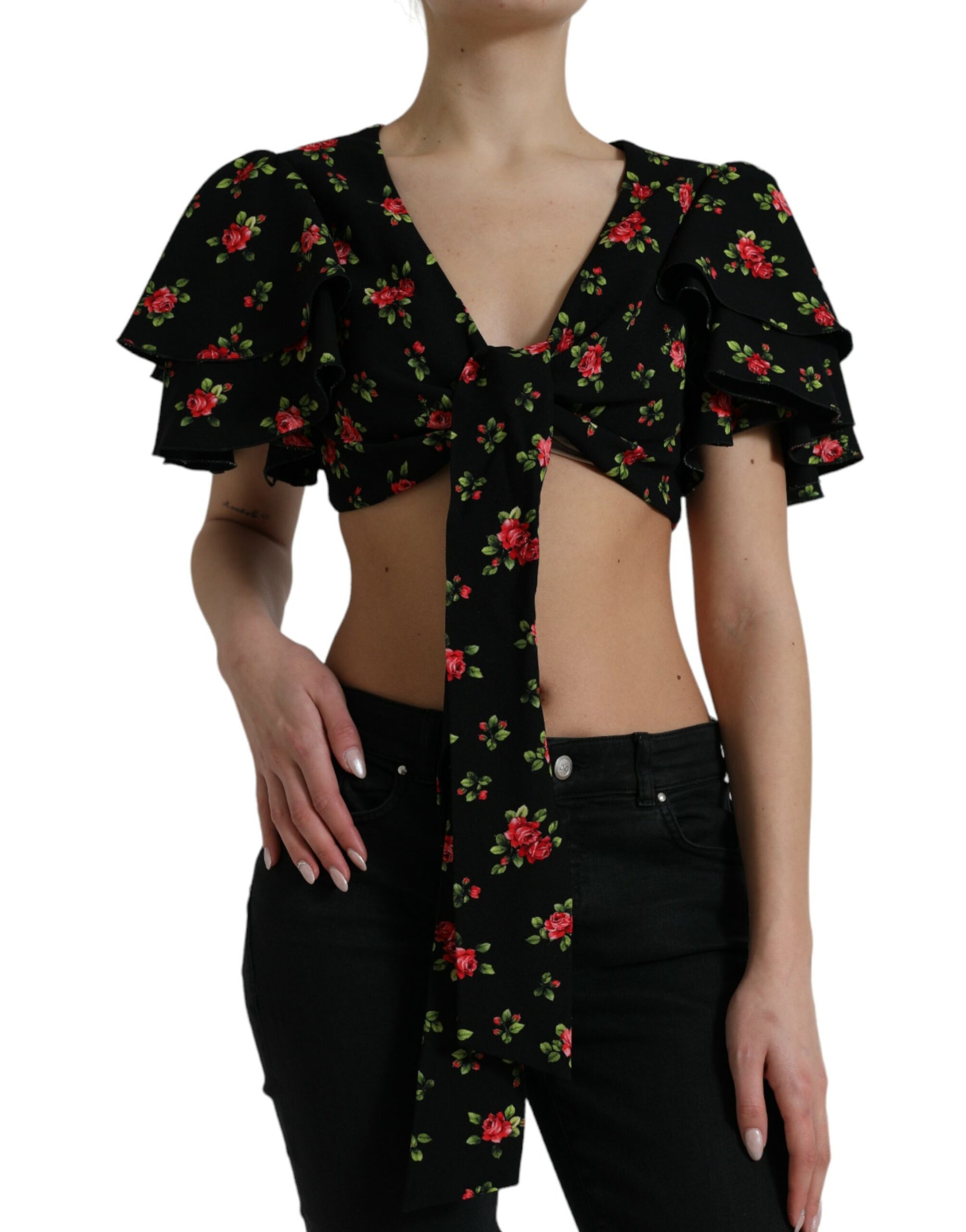 Zwarte cropped top met korte mouwen en bloemenprint