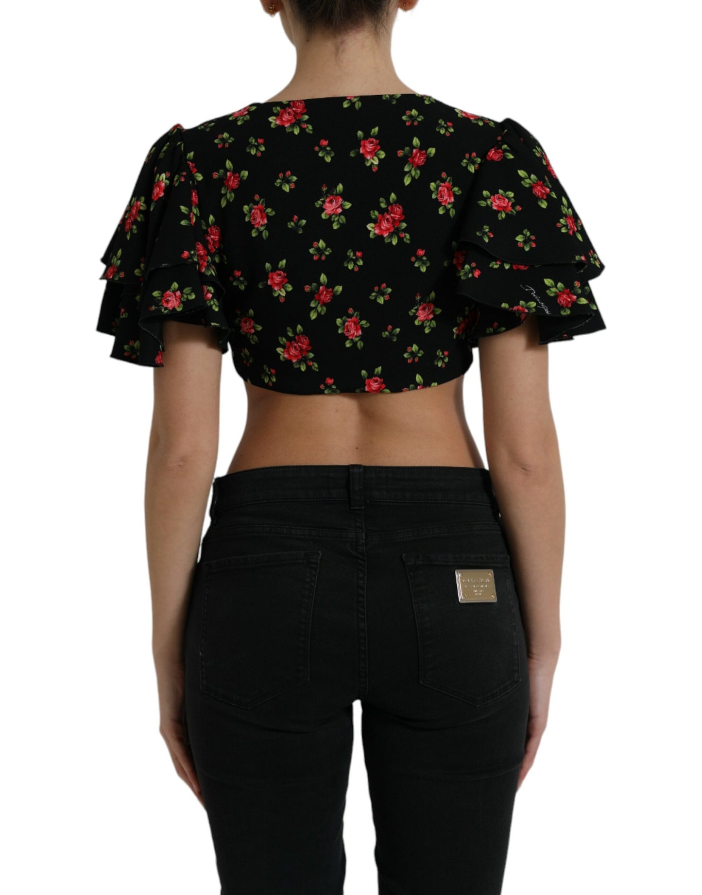 Zwarte cropped top met korte mouwen en bloemenprint