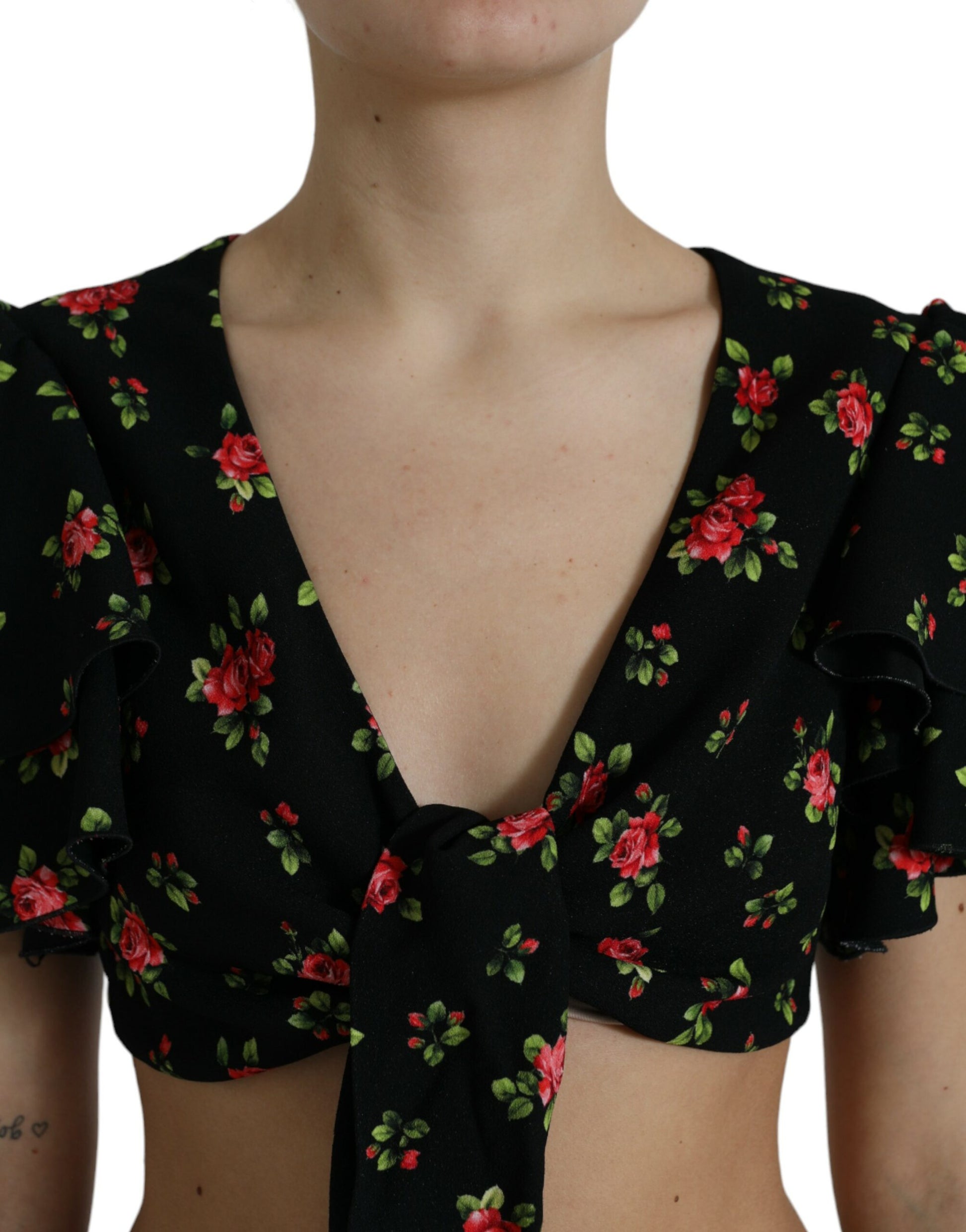 Zwarte cropped top met korte mouwen en bloemenprint