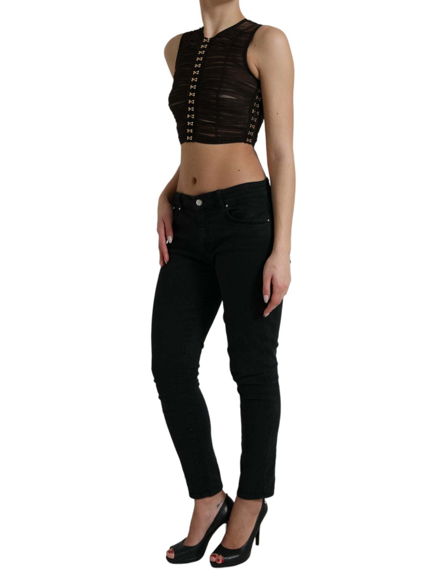 Bruine verfraaide nylon stretch cropped top