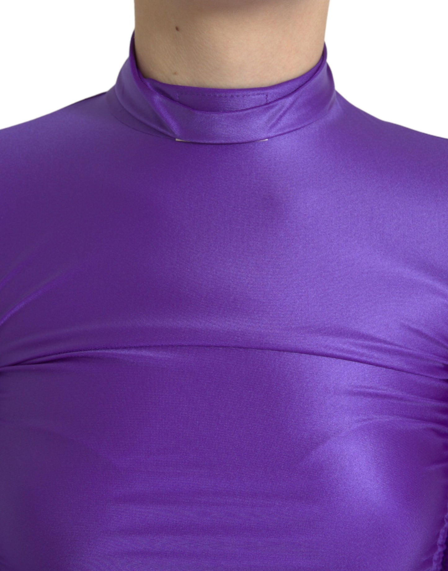 Paarse nylon stretch slanke top met lange mouwen