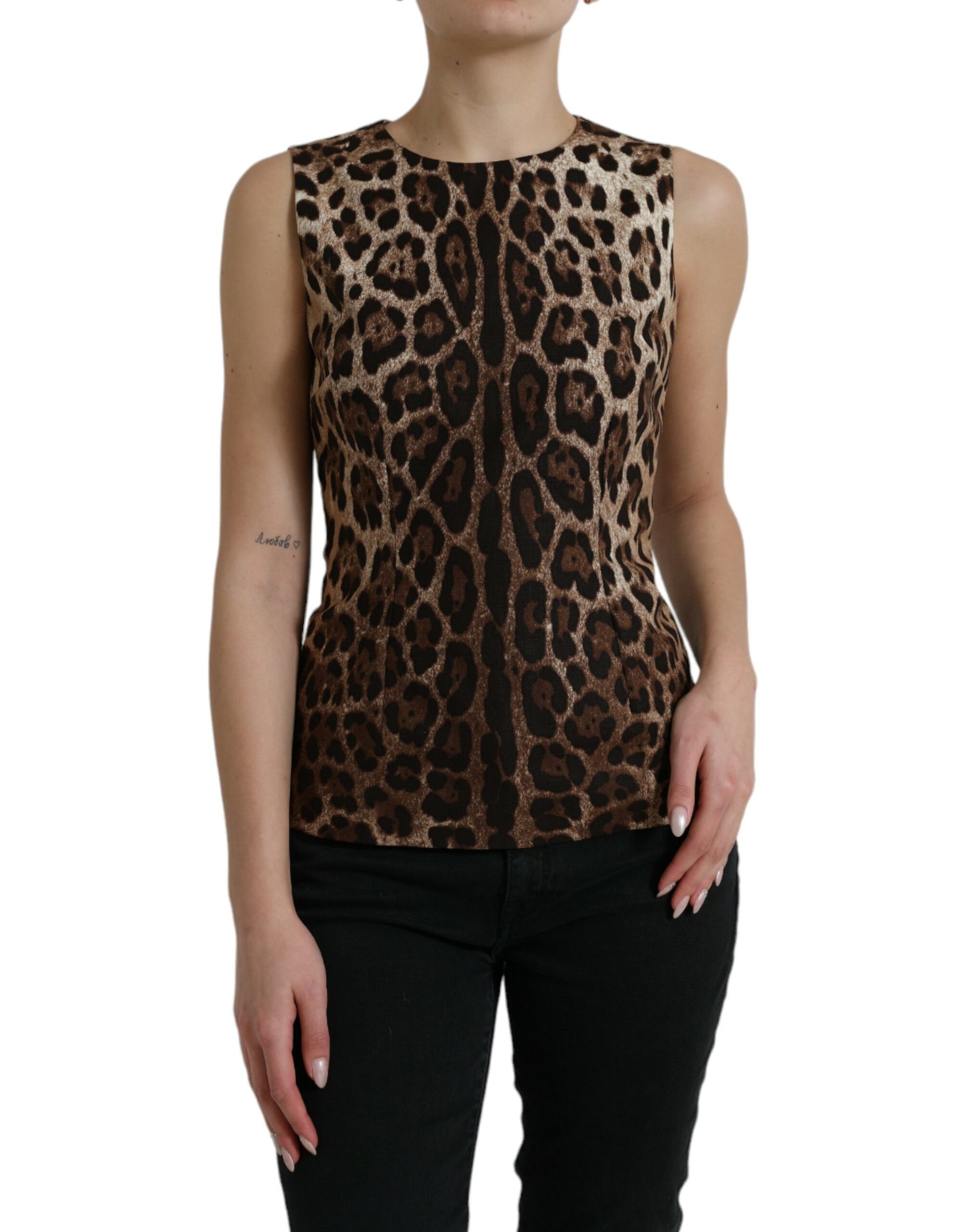 Elegante camiseta sin mangas en mezcla de seda con estampado de leopardo