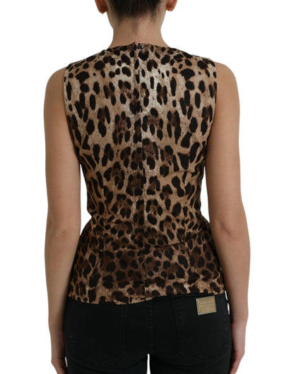 Elegante camiseta sin mangas en mezcla de seda con estampado de leopardo