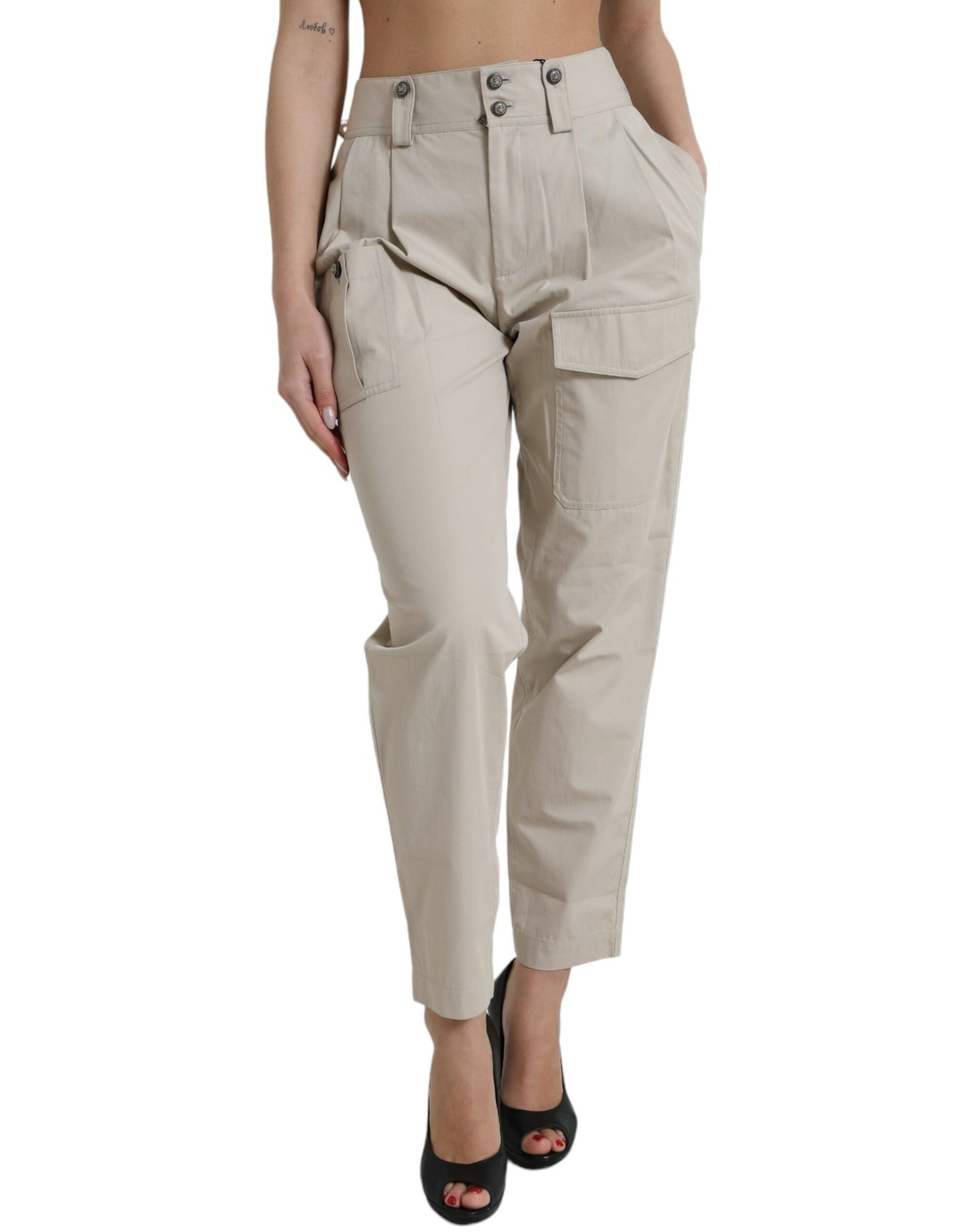 Beige katoenen taps toelopende broek met hoge taille