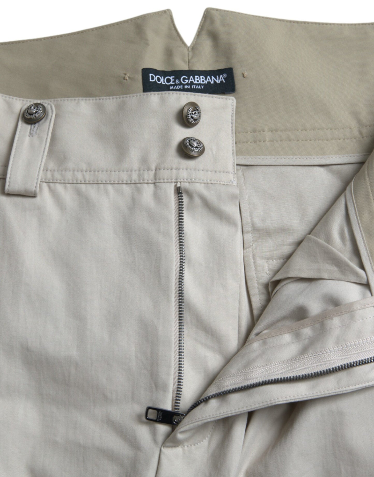 Beige katoenen taps toelopende broek met hoge taille