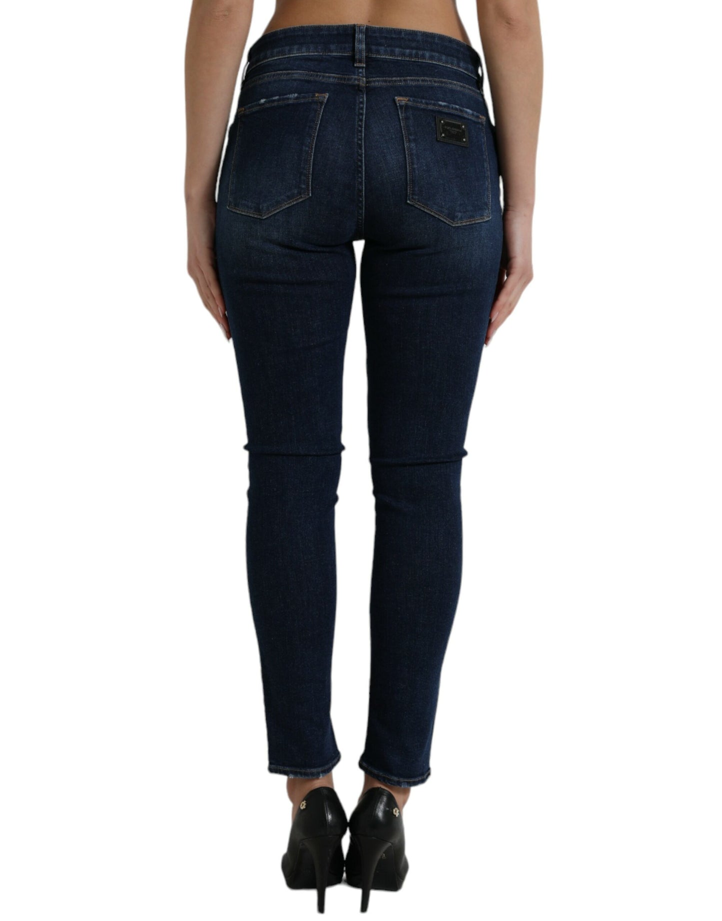 Elegant Dark Blue Mid Waist Stretch Jeans