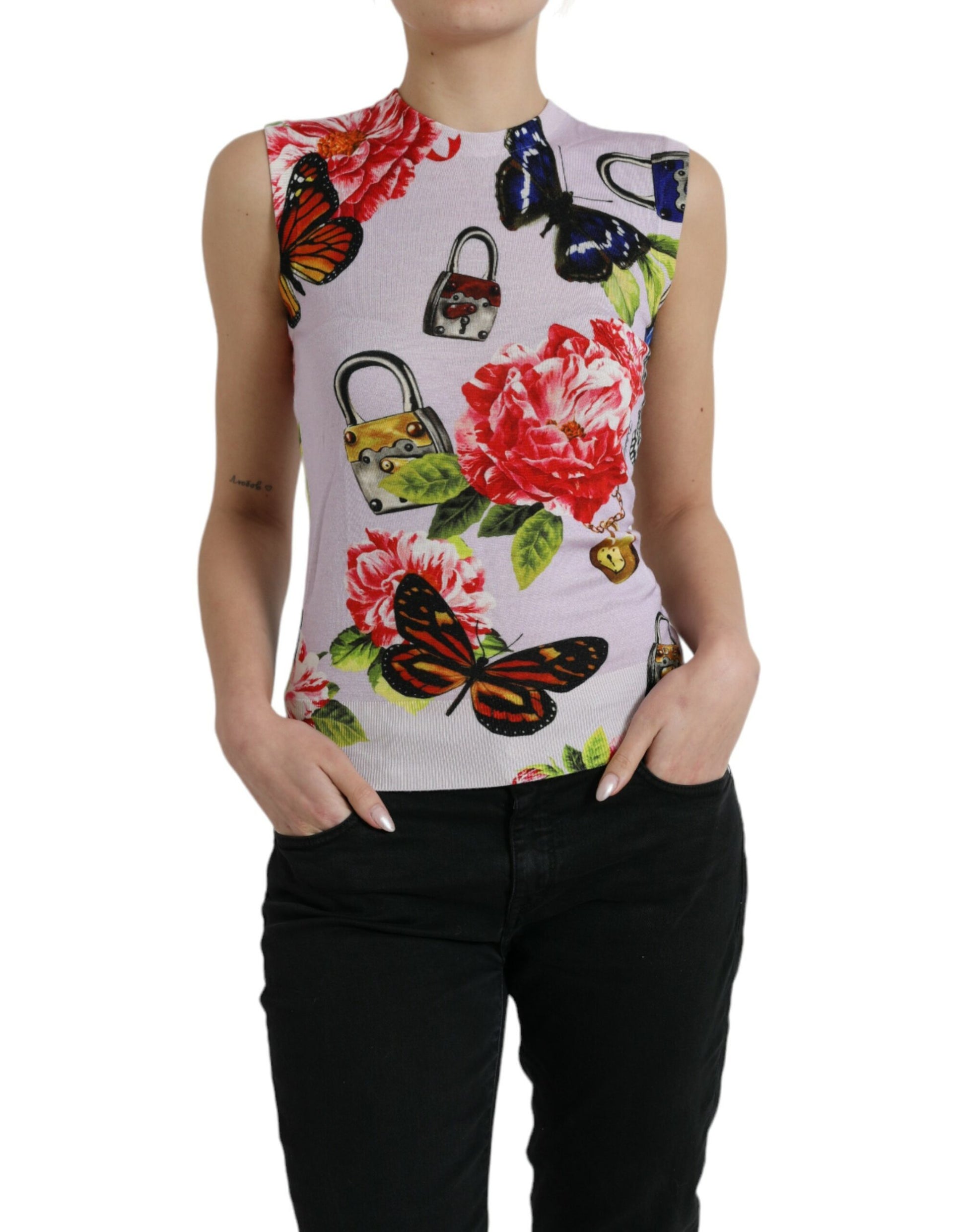 Veelkleurige bloemen hangslot vlindertanktop