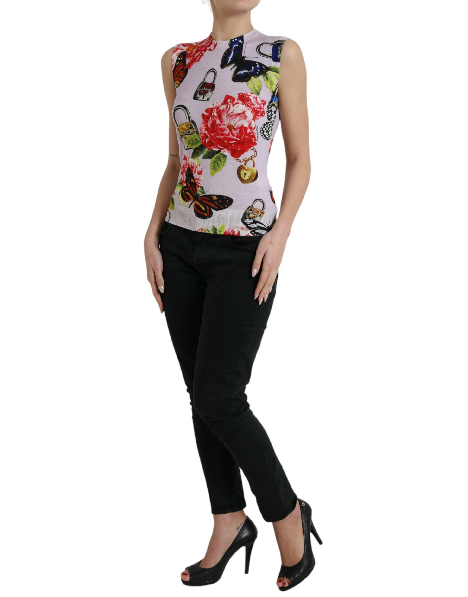 Veelkleurige bloemen hangslot vlindertanktop