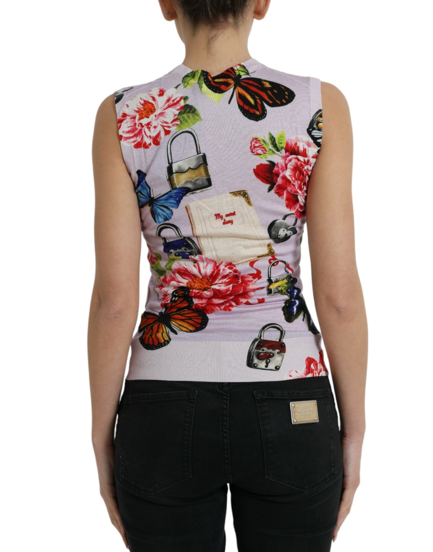 Veelkleurige bloemen hangslot vlindertanktop