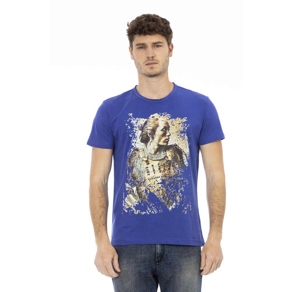 Strak blauw katoenen T-shirt met unieke print op de voorkant