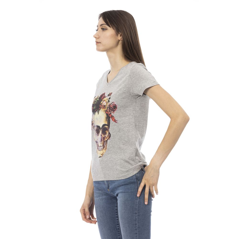 Elegant grijs T-shirt met V-hals en print op de voorkant