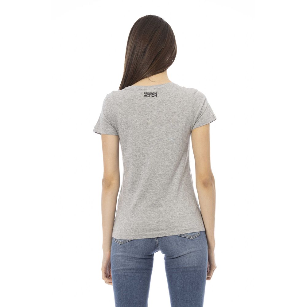 Elegante Camiseta Gris con Cuello en V y Estampado Frontal