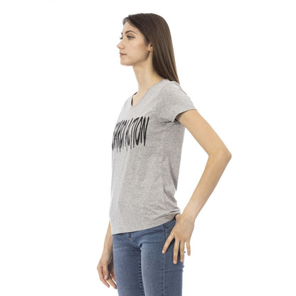 Elegante camiseta gris con cuello en V y estampado elegante