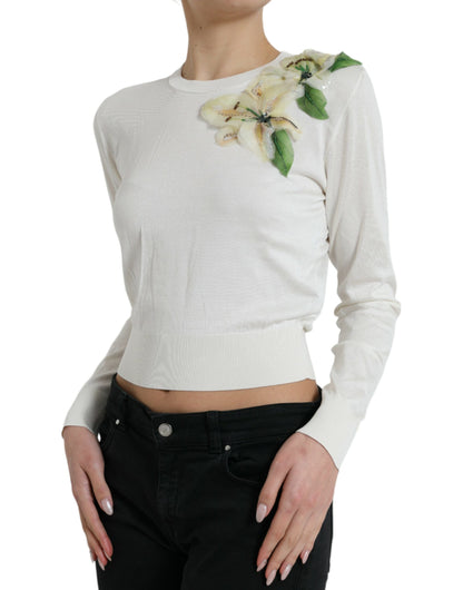 Silk Floral Applique Pullover Sweater