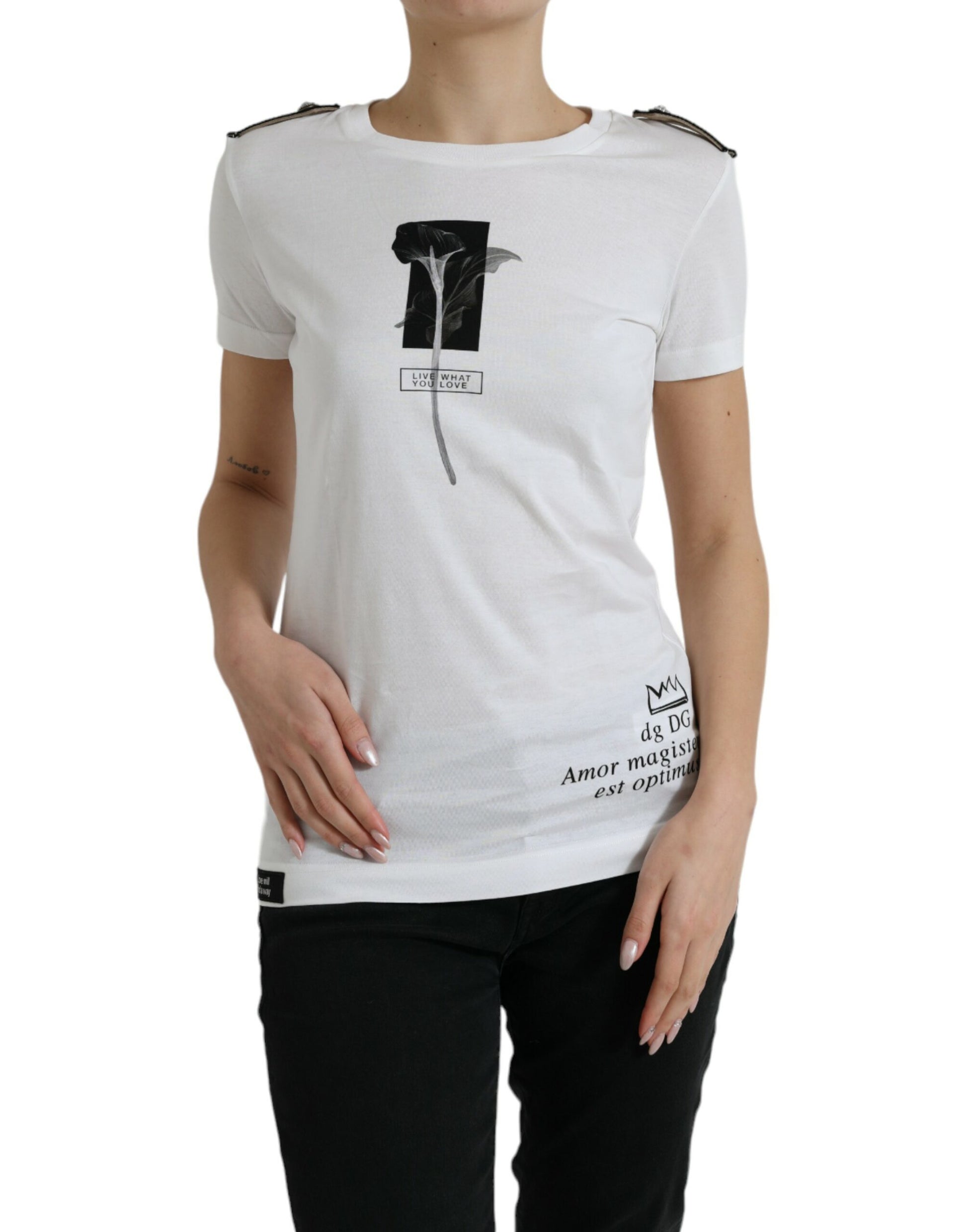 Wit zwart rozen katoenen T-shirt met ronde hals