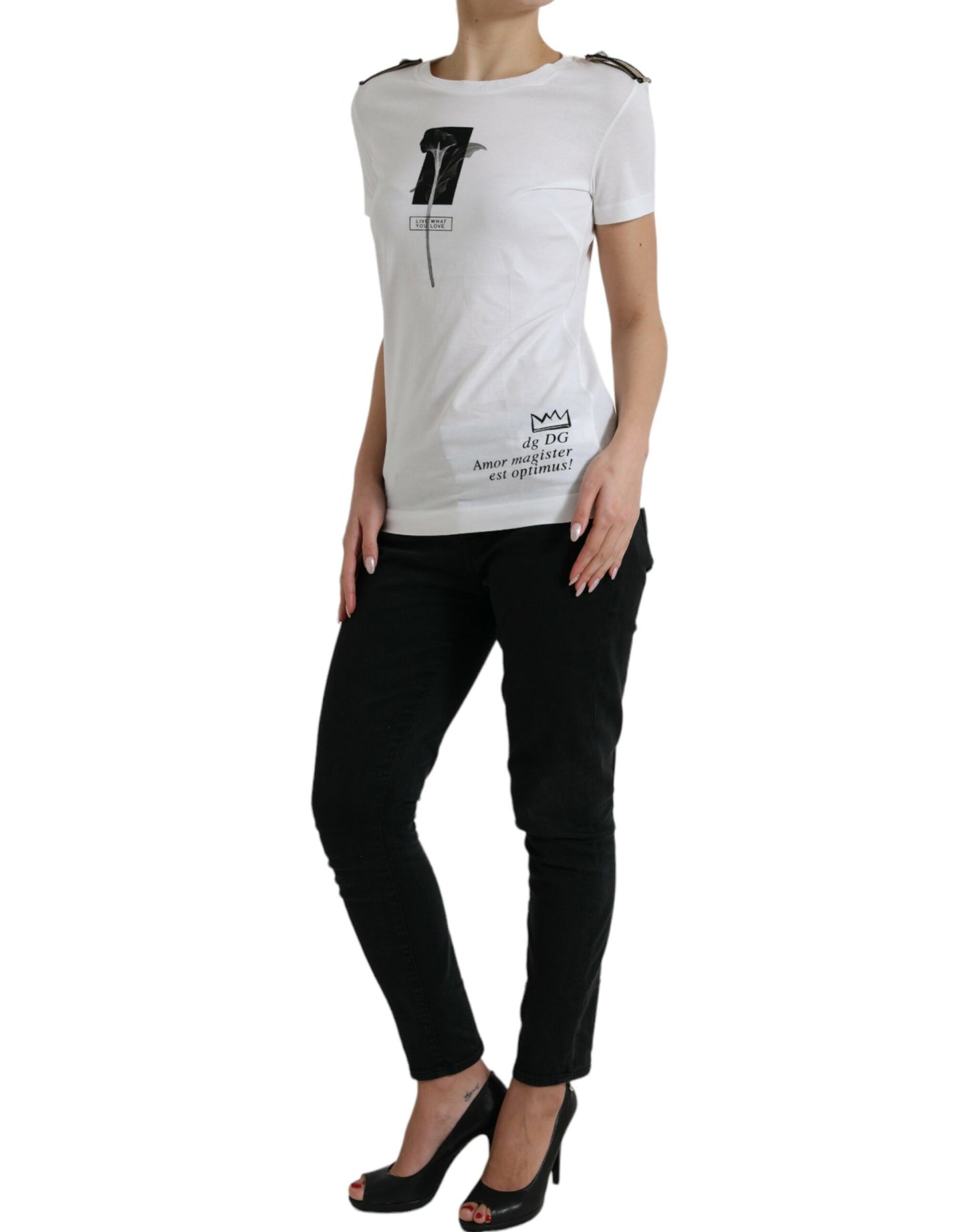 Wit zwart rozen katoenen T-shirt met ronde hals