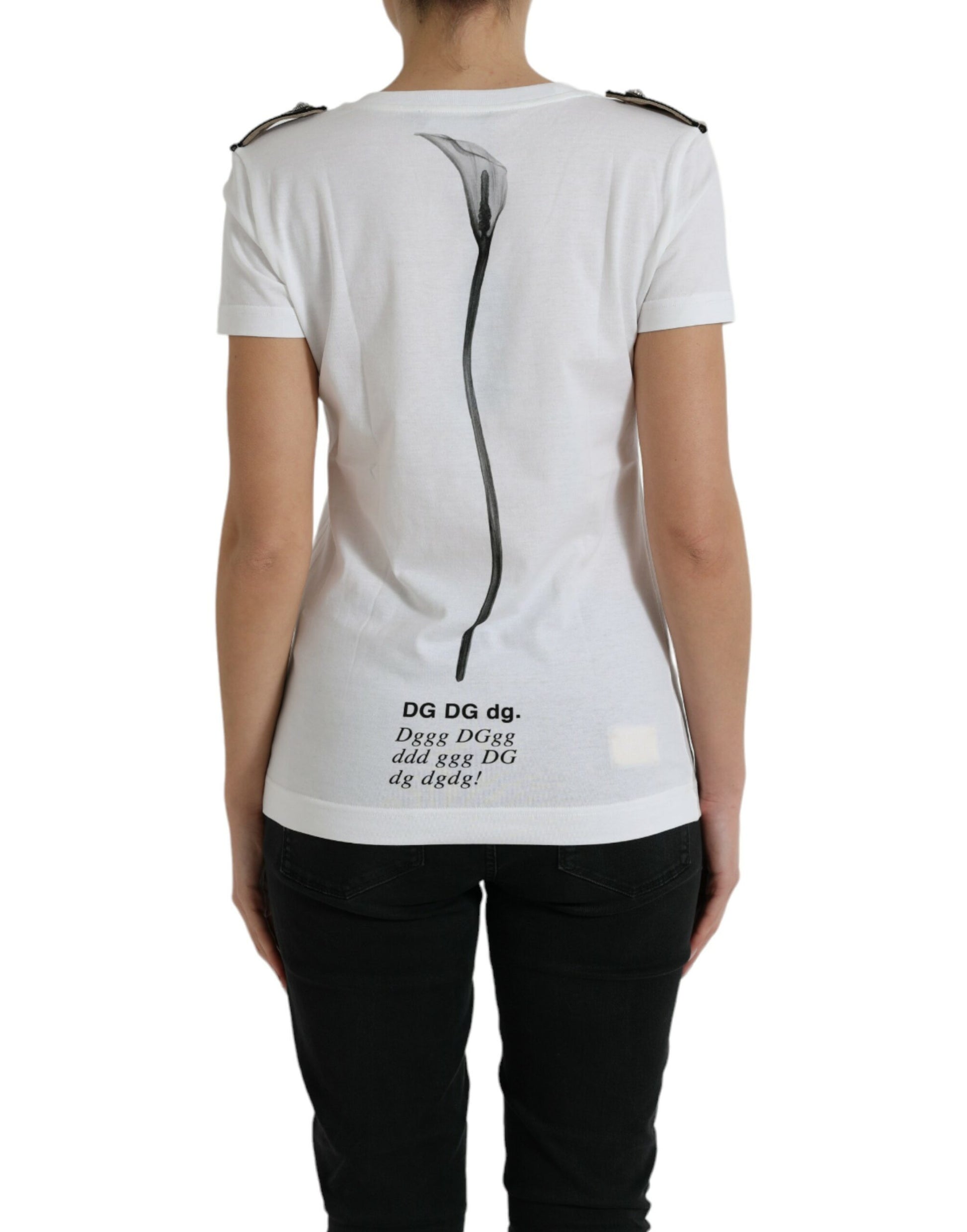 Wit zwart rozen katoenen T-shirt met ronde hals