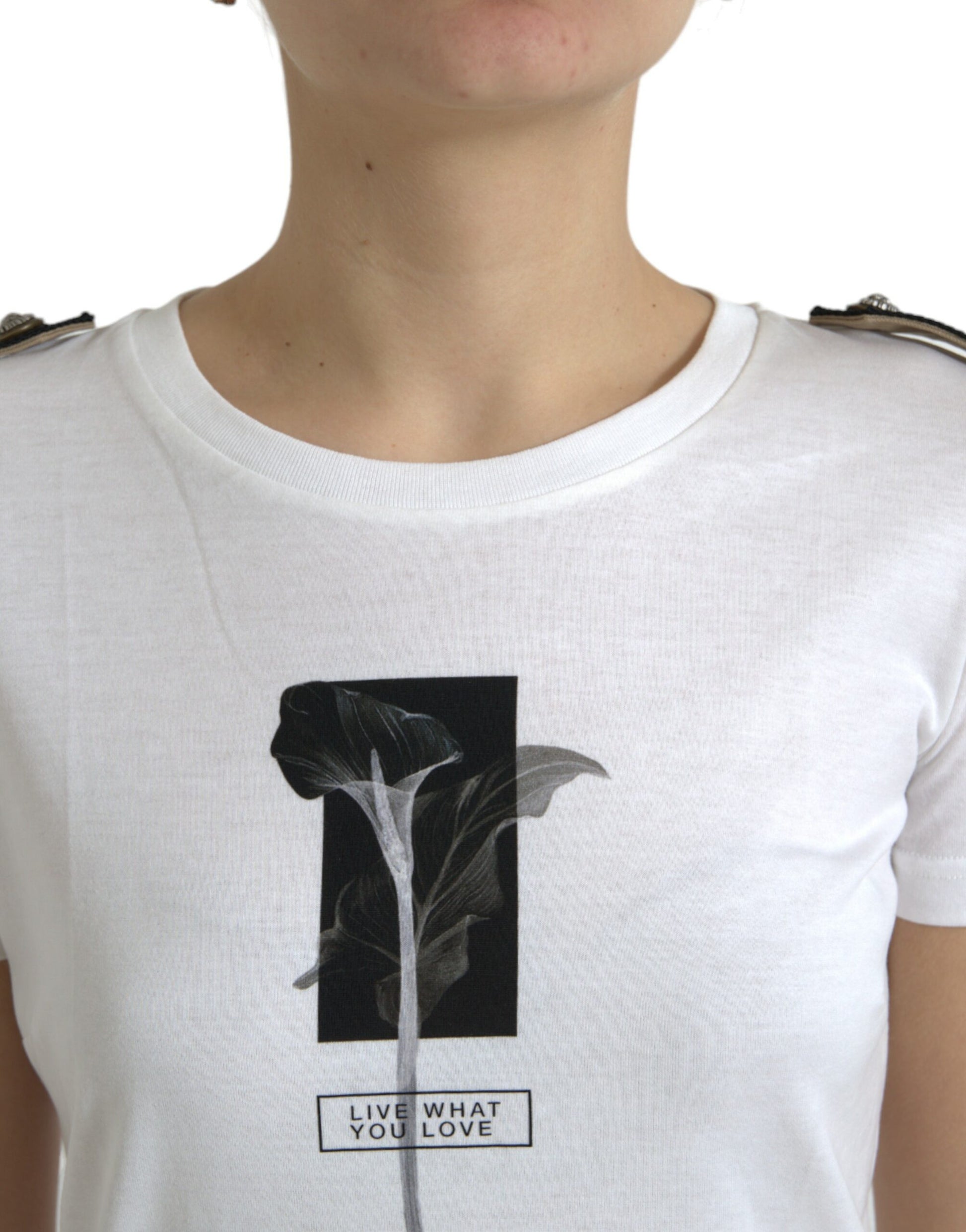 Wit zwart rozen katoenen T-shirt met ronde hals