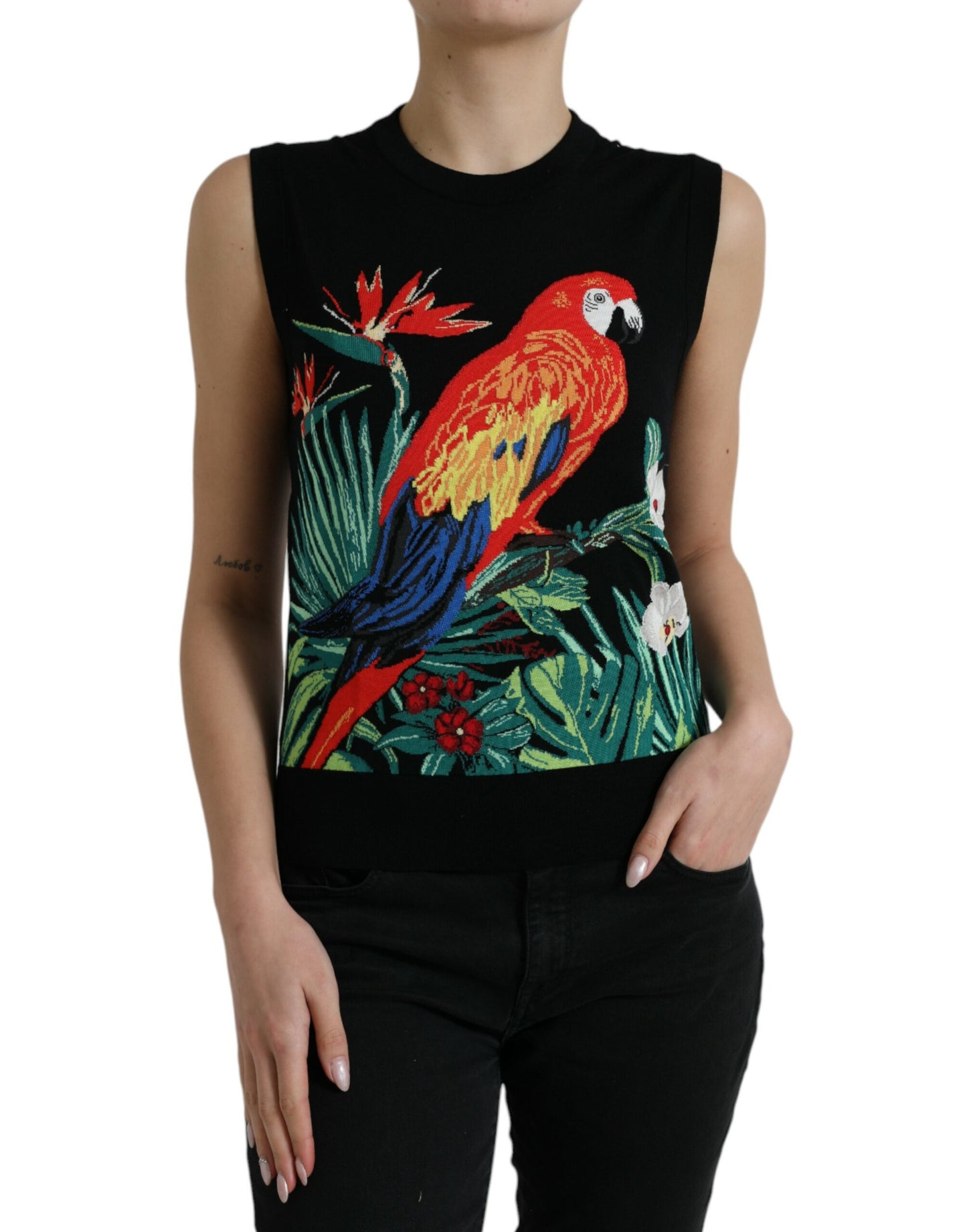 Zwarte mouwloze tanktop met ronde hals en jungle-motief