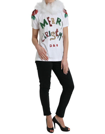 Wit katoenen T-shirt met kerstpaillettenbont