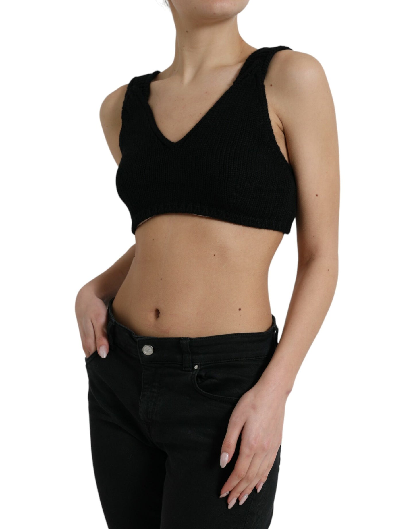 Zwarte cropped kasjmier bustiertop met V-hals