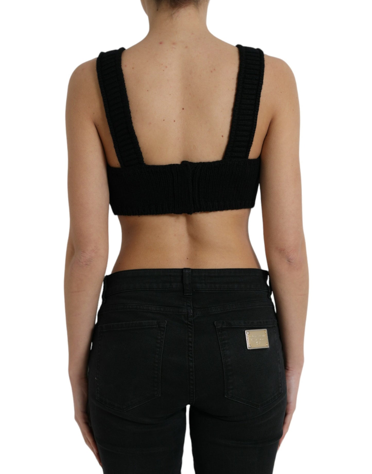 Zwarte cropped kasjmier bustiertop met V-hals