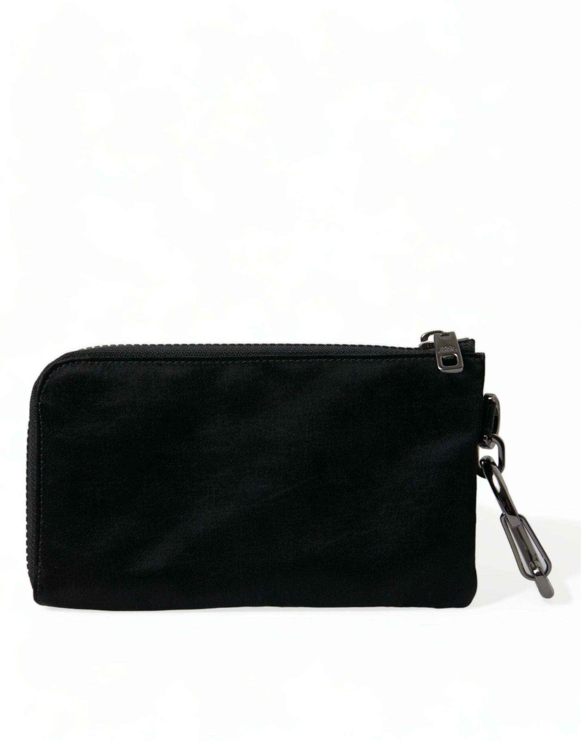 Zwart nylon logo plaquette sleutelhanger zakje clutch bag