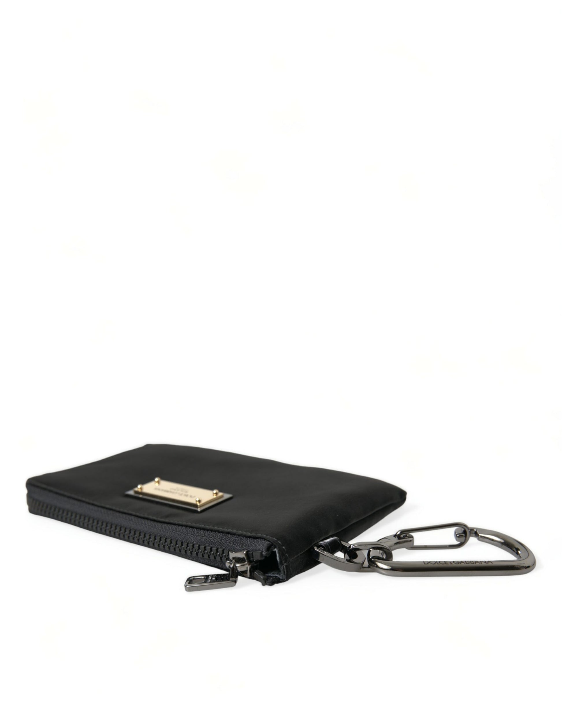 Zwart nylon logo plaquette sleutelhanger zakje clutch bag