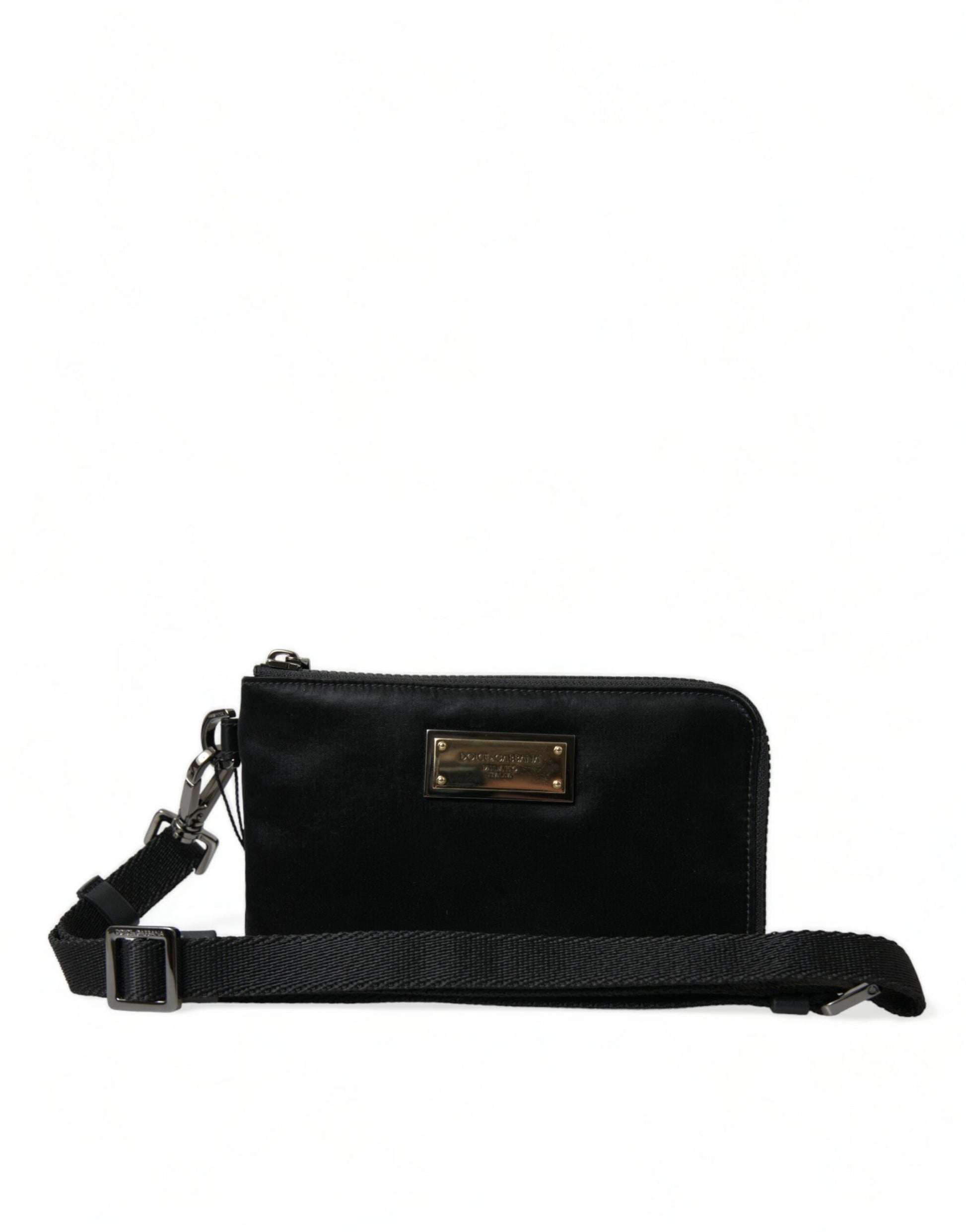 Elegante Bolso de Piel de Nylon Negro con Detalles Plateados