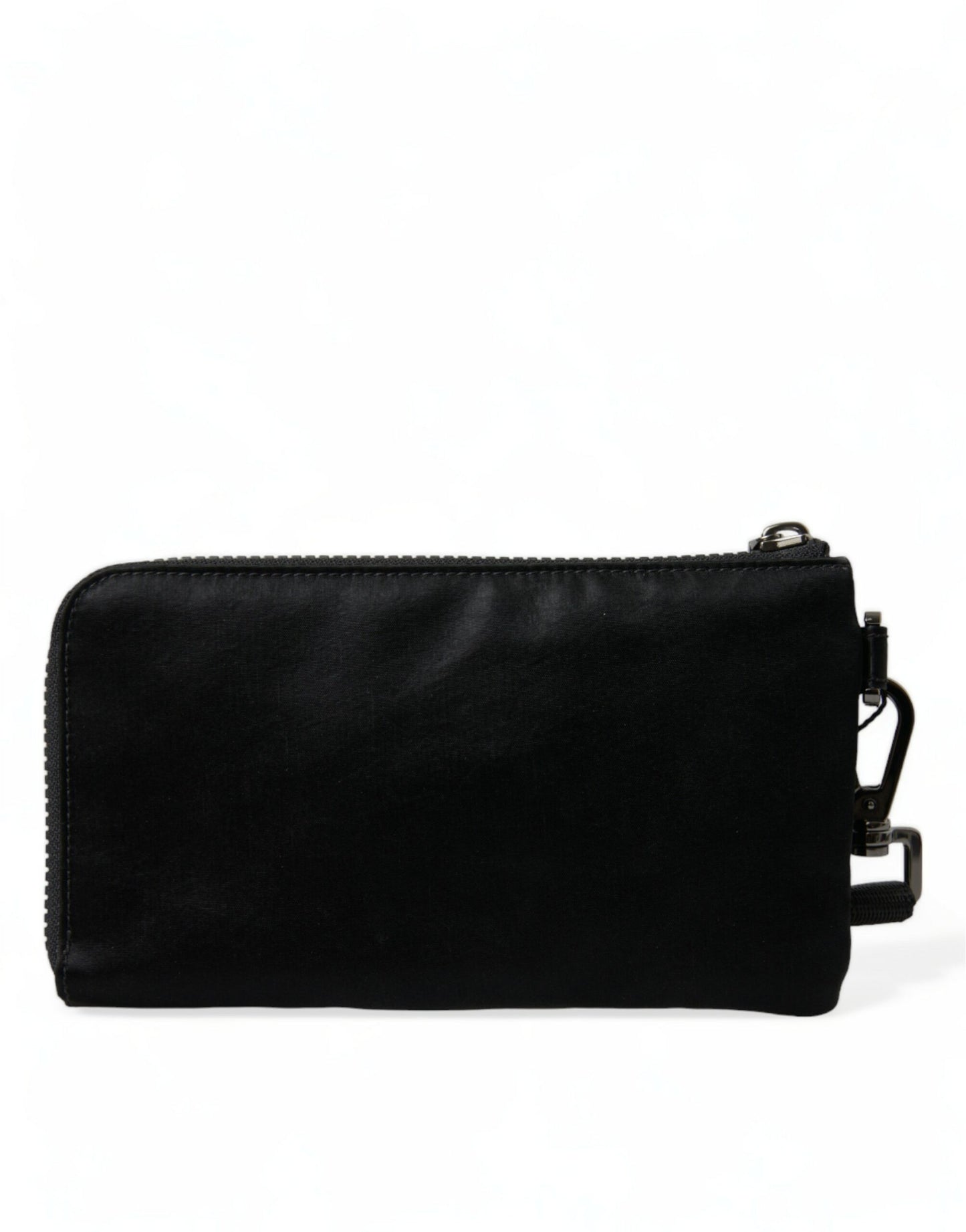 Zwart nylon logo plaquette sleutelhanger zakje clutch bag