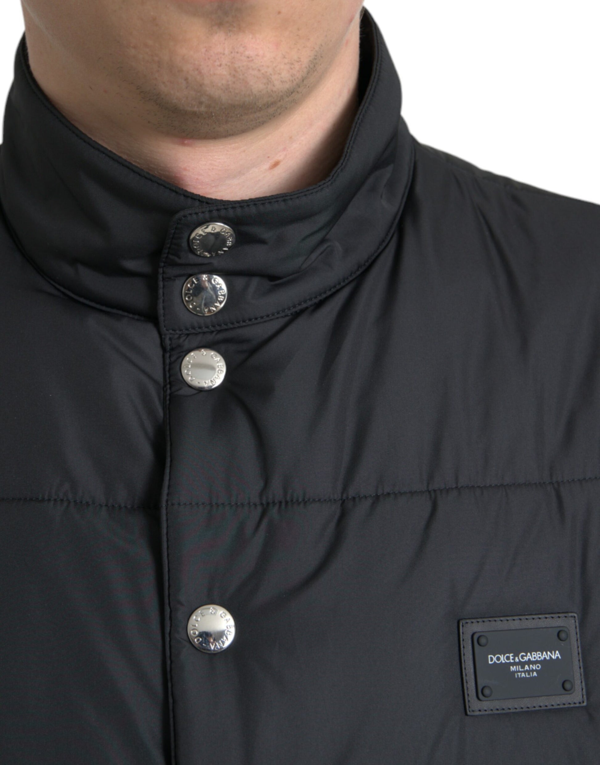 Zwart polyester gewatteerd vestlogojack