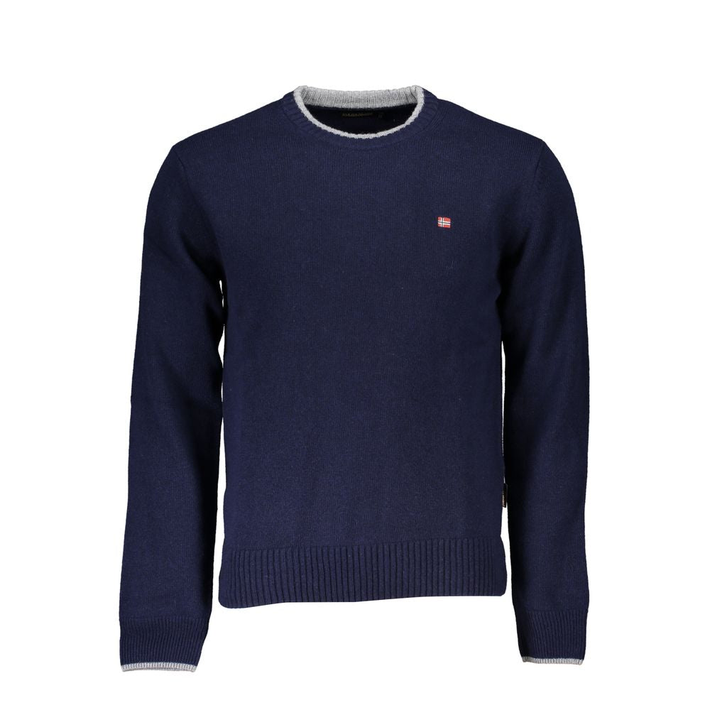 Sleek Blue Crew Neck Embroidered Sweater