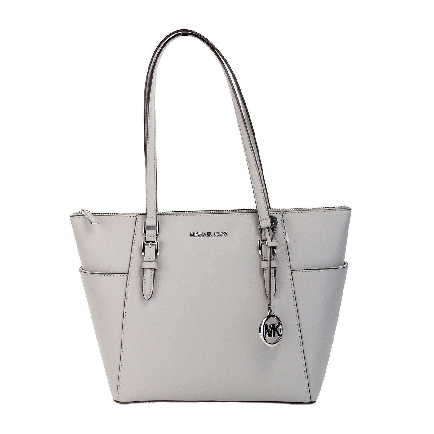 Bolso tote grande de cuero con cremallera superior en gris perla Charlotte