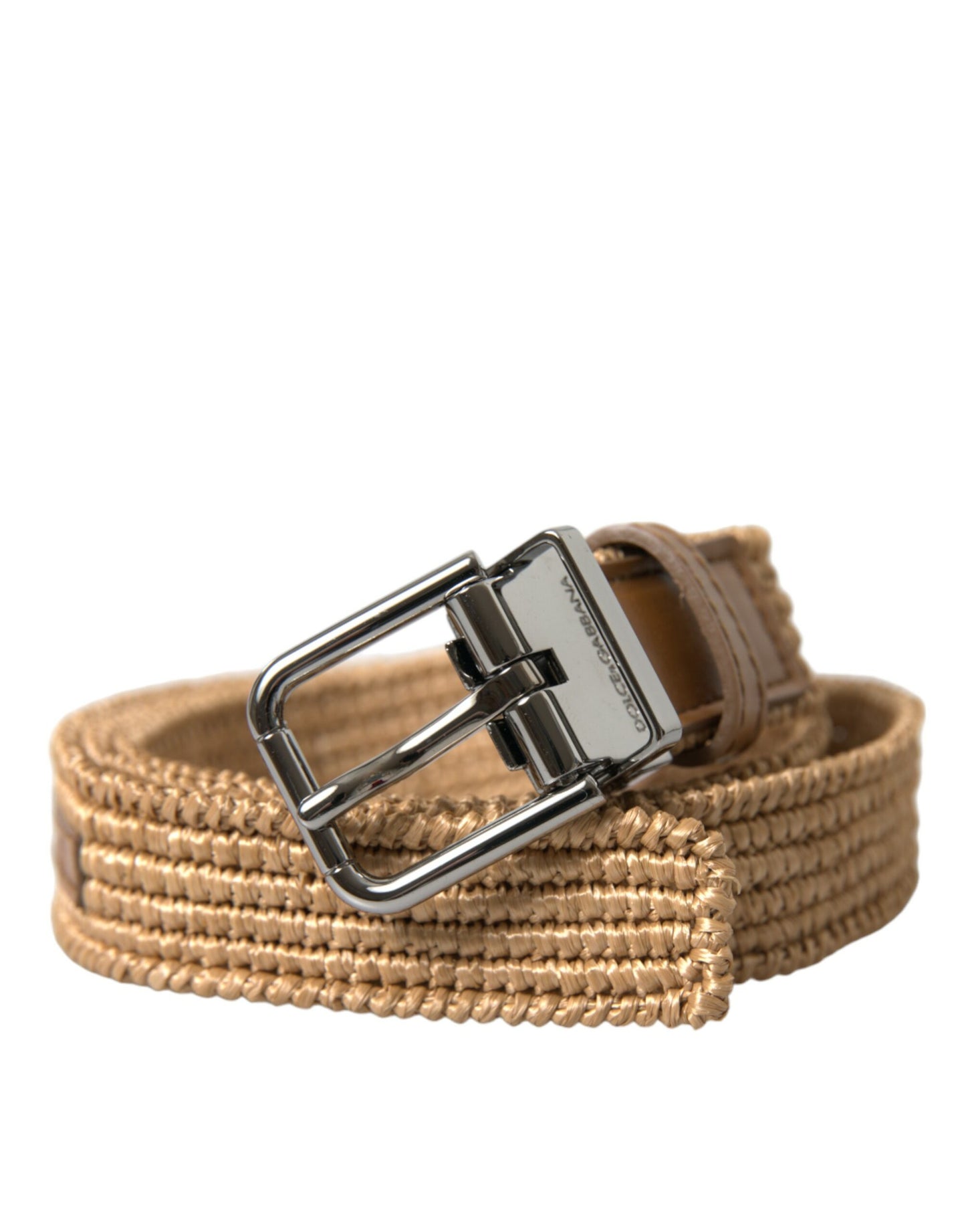 Beige raffia gevlochten riem met zilveren metalen gesp