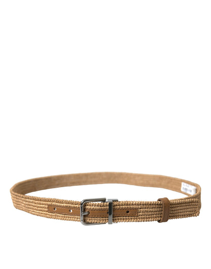 Beige raffia gevlochten riem met zilveren metalen gesp