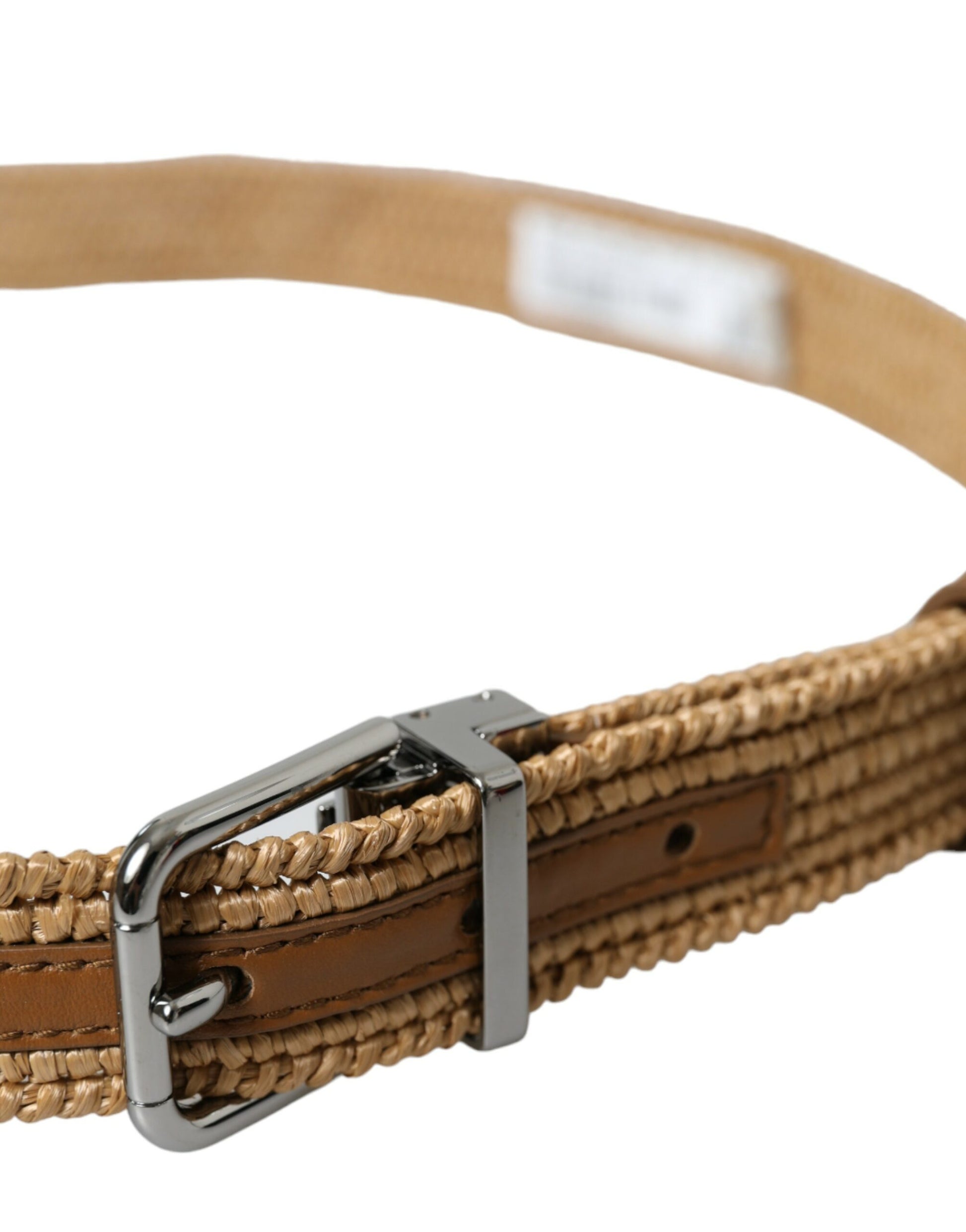 Beige raffia gevlochten riem met zilveren metalen gesp