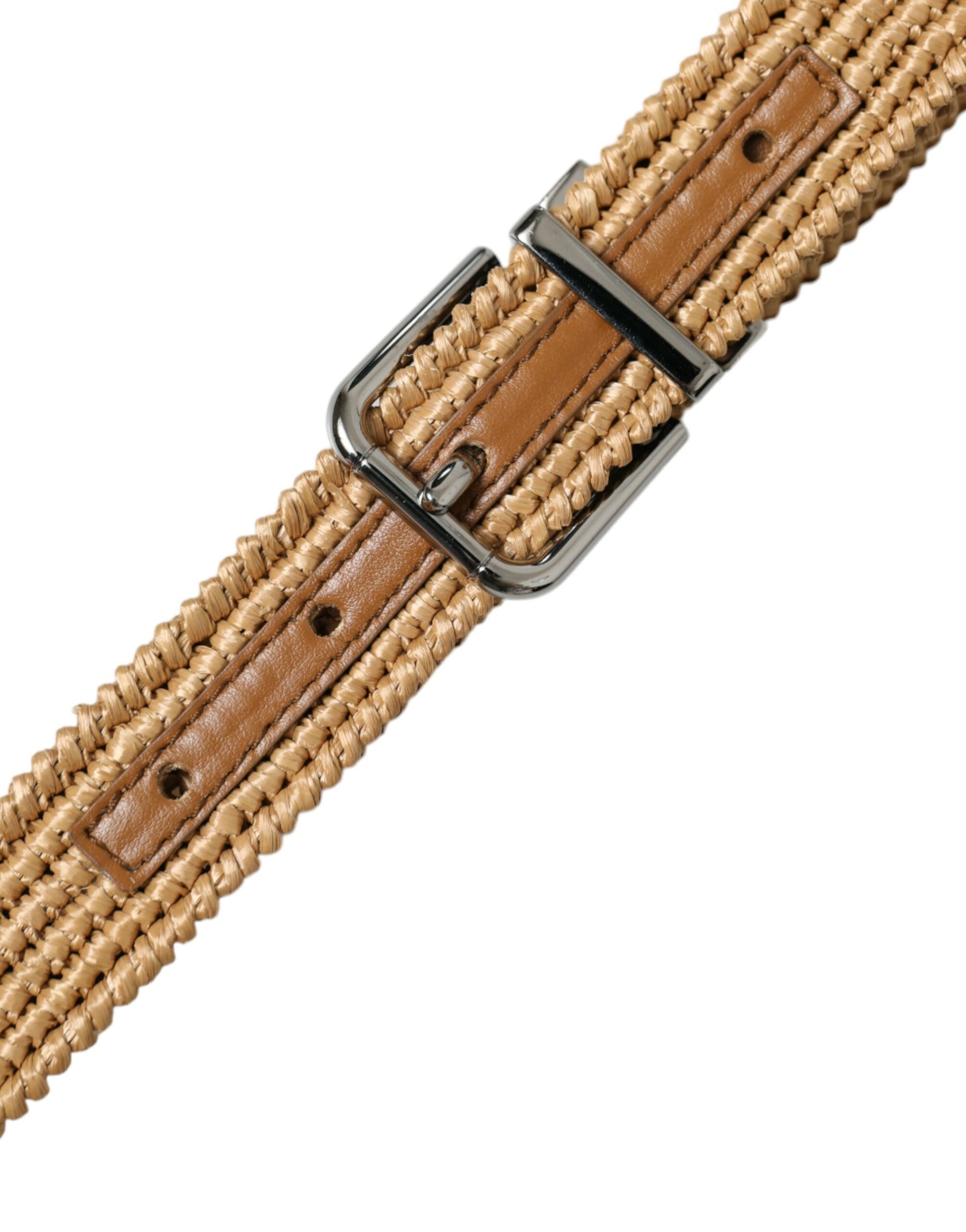 Beige raffia gevlochten riem met zilveren metalen gesp