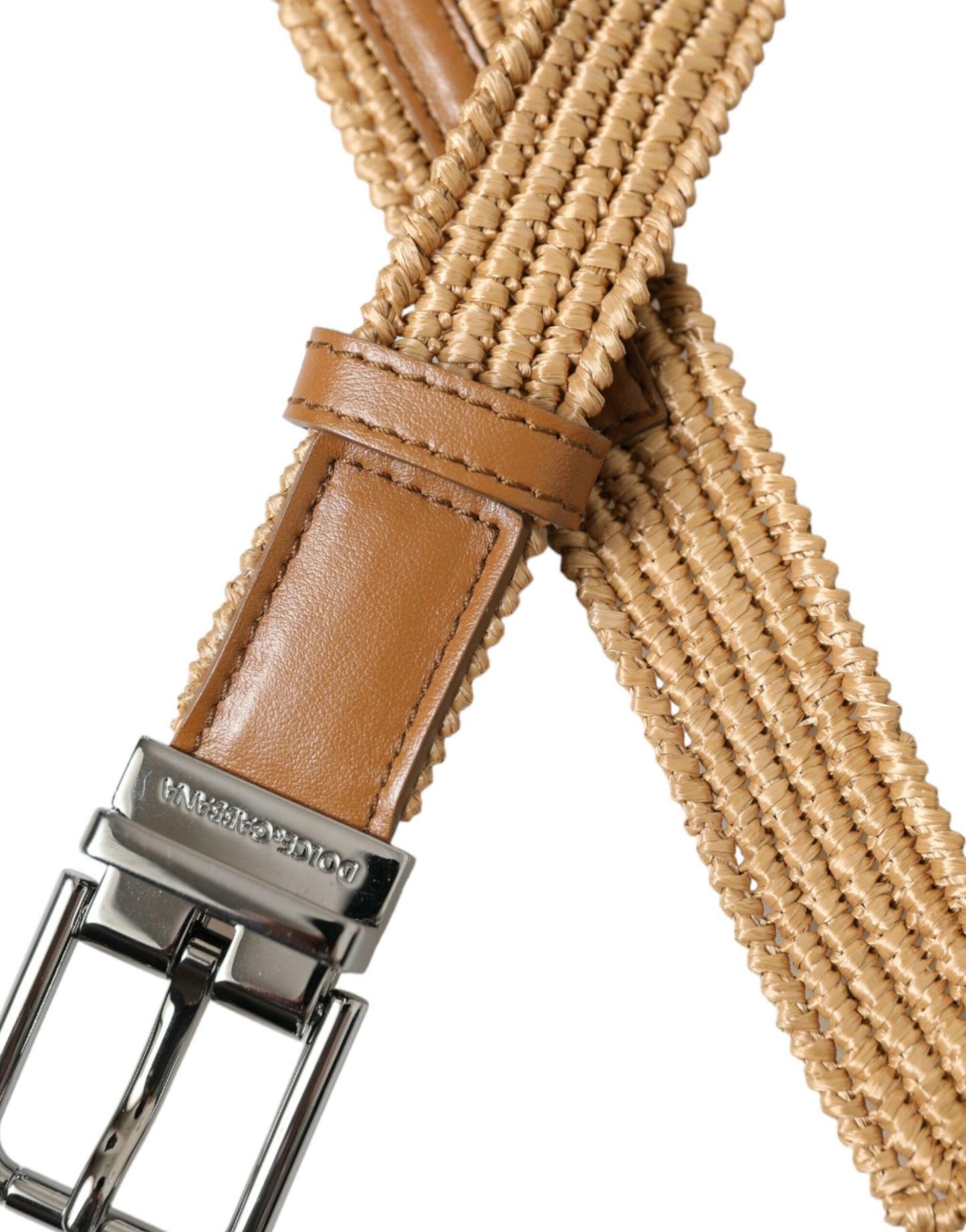 Beige raffia gevlochten riem met zilveren metalen gesp