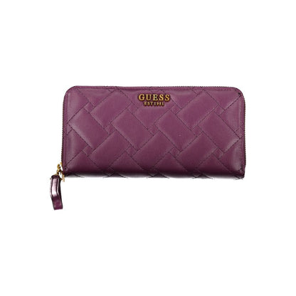 Elegante cartera morada con cremallera y múltiples compartimentos