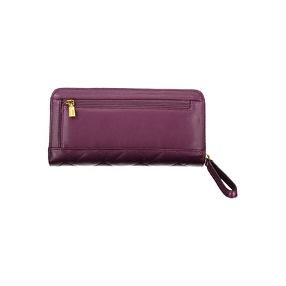 Elegante cartera morada con cremallera y múltiples compartimentos