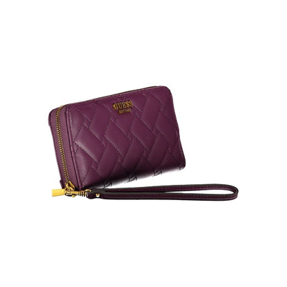 Elegante cartera morada con cremallera y múltiples compartimentos