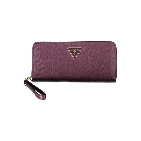 Elegante cartera morada con cierre de cremallera y detalle de logo