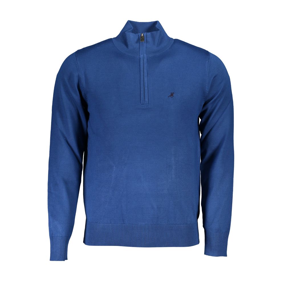 Elegant Half-Zip Embroidered Blue Sweater